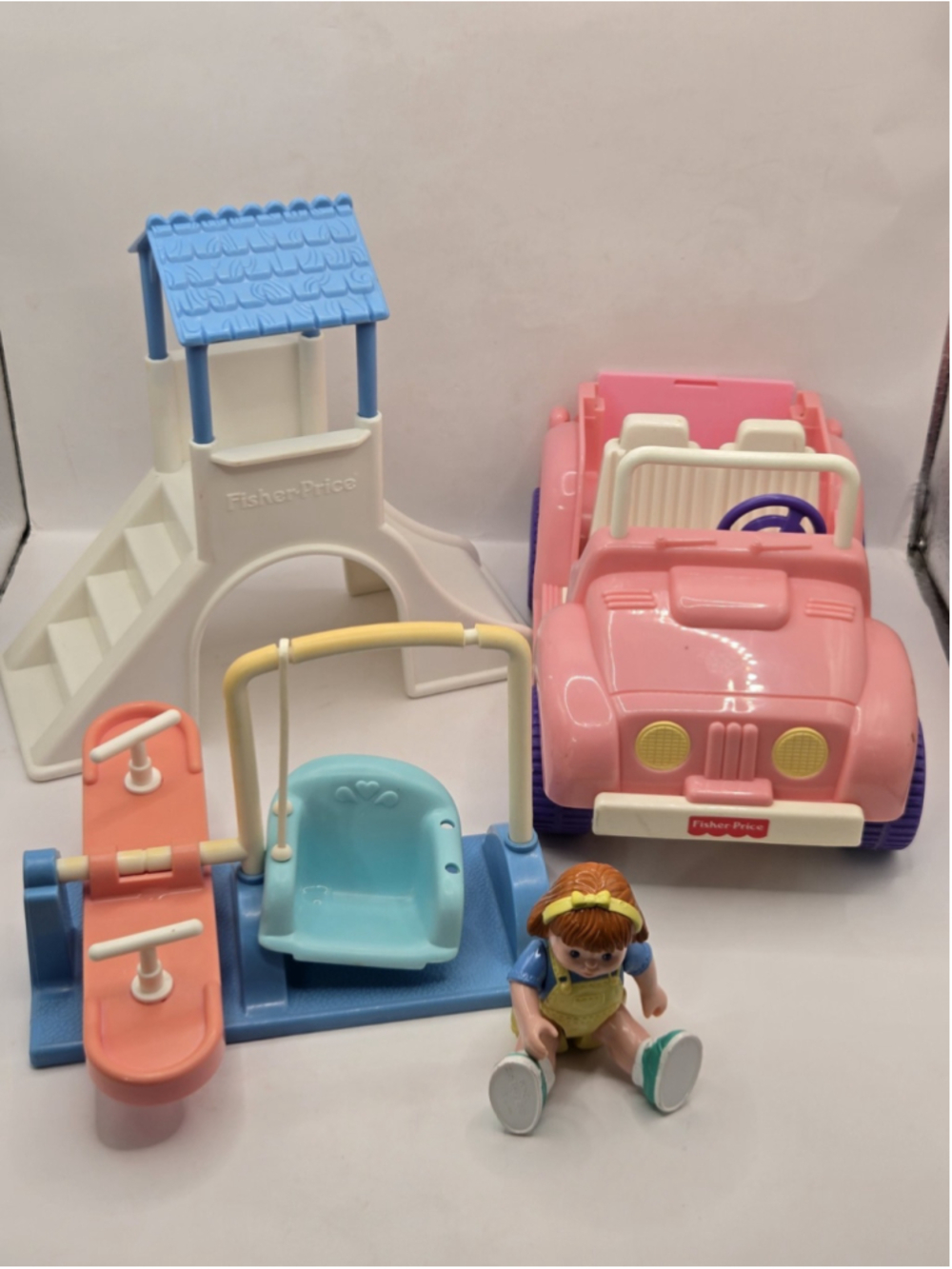 Vintage Fisher Price Little People Playground Slide Swing Jeep Figure Lot 1990s